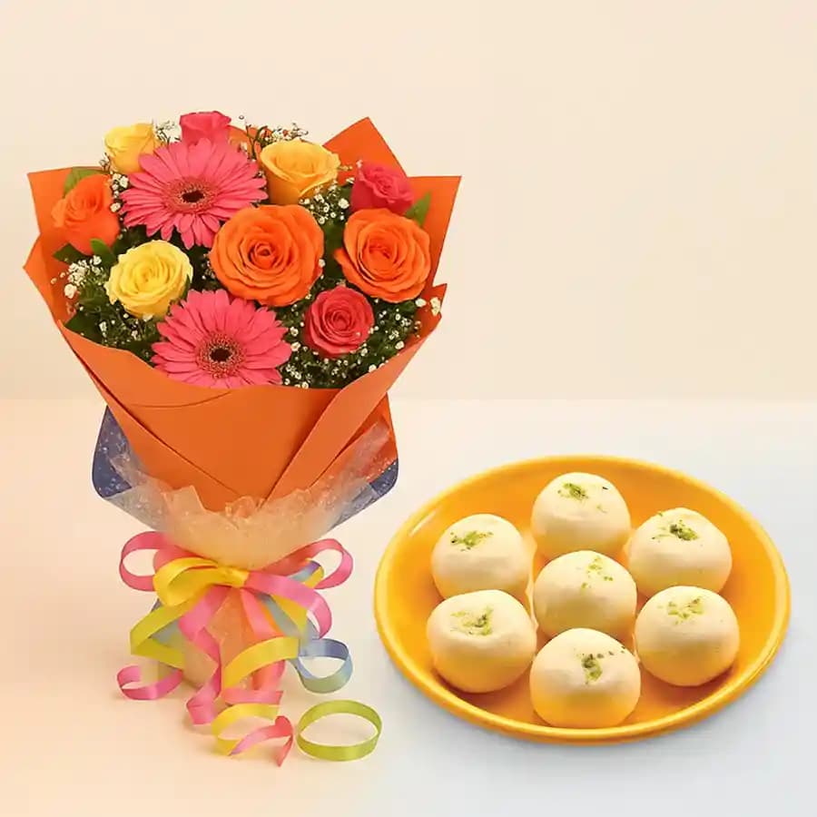 Jumbo Pedha from Chitale Bandhu Mithaiwale with Seasonal Flower Bouquet