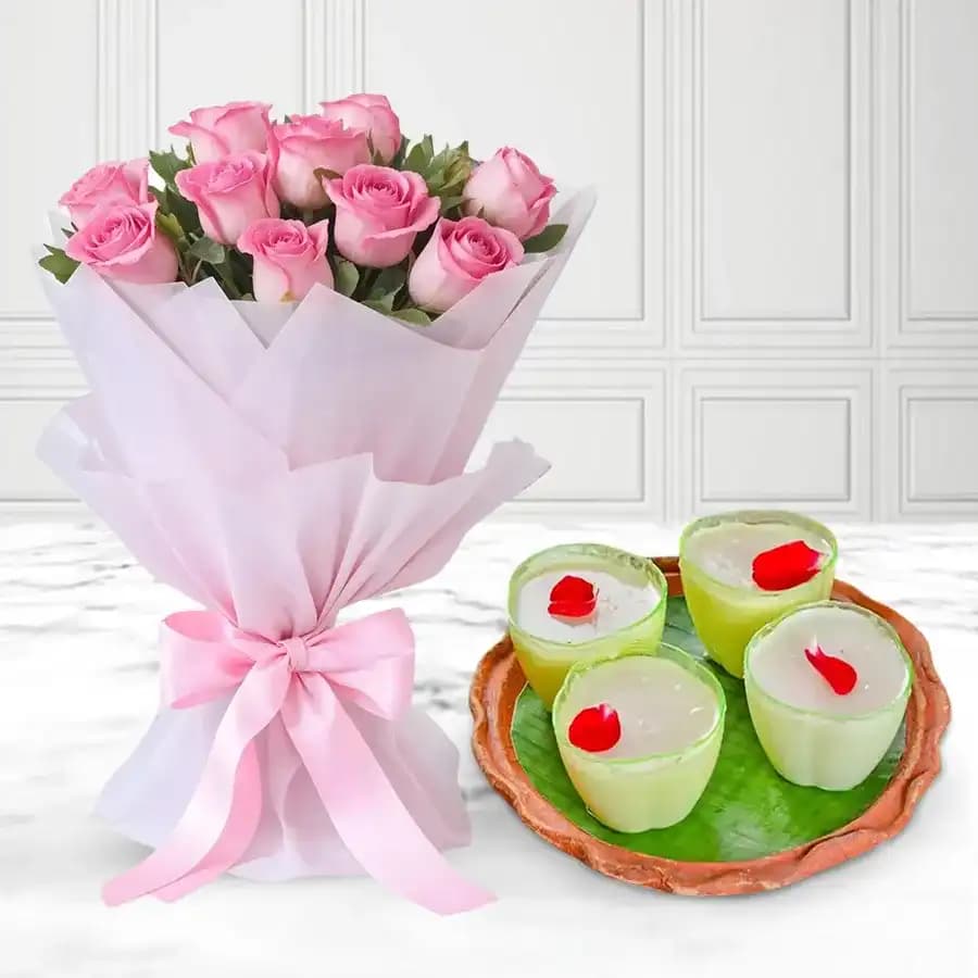 Daab Sandesh from Balaram Mullick with Pink Rose Bouquet