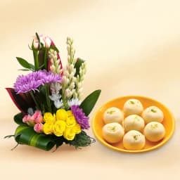 Jumbo Pedha from Chitale Bandhu Mithaiwale with Mixed Flower Arrangement 1