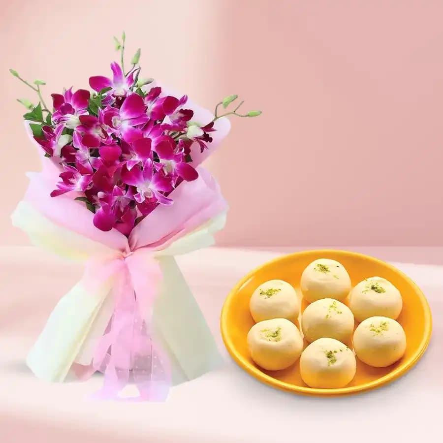Jumbo Pedha from Chitale Bandhu Mithaiwale with Orchid Bouquet