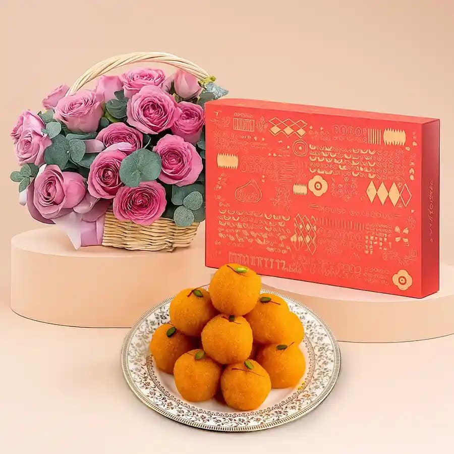 Pink Roses N Yummy Laddus Indulgence