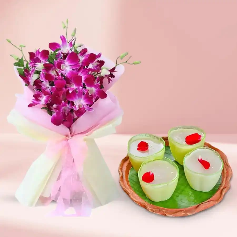Daab Sandesh from Balaram Mullick with Orchid Bouquet