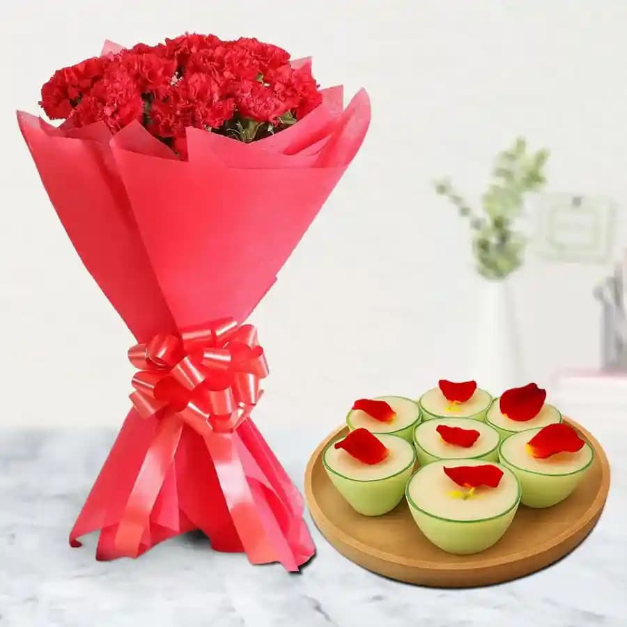 Daab Sandesh from Balaram Mullick with Red Carnation Bouquet