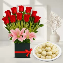 Jumbo Pedha from Chitale Bandhu Mithaiwale with a Designer Flower Arrangement 1