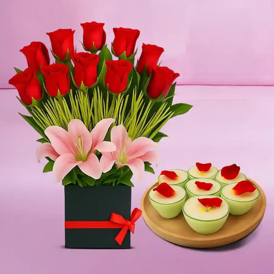 Daab Sandesh from Balaram Mullick with Designer Flower Arrangement