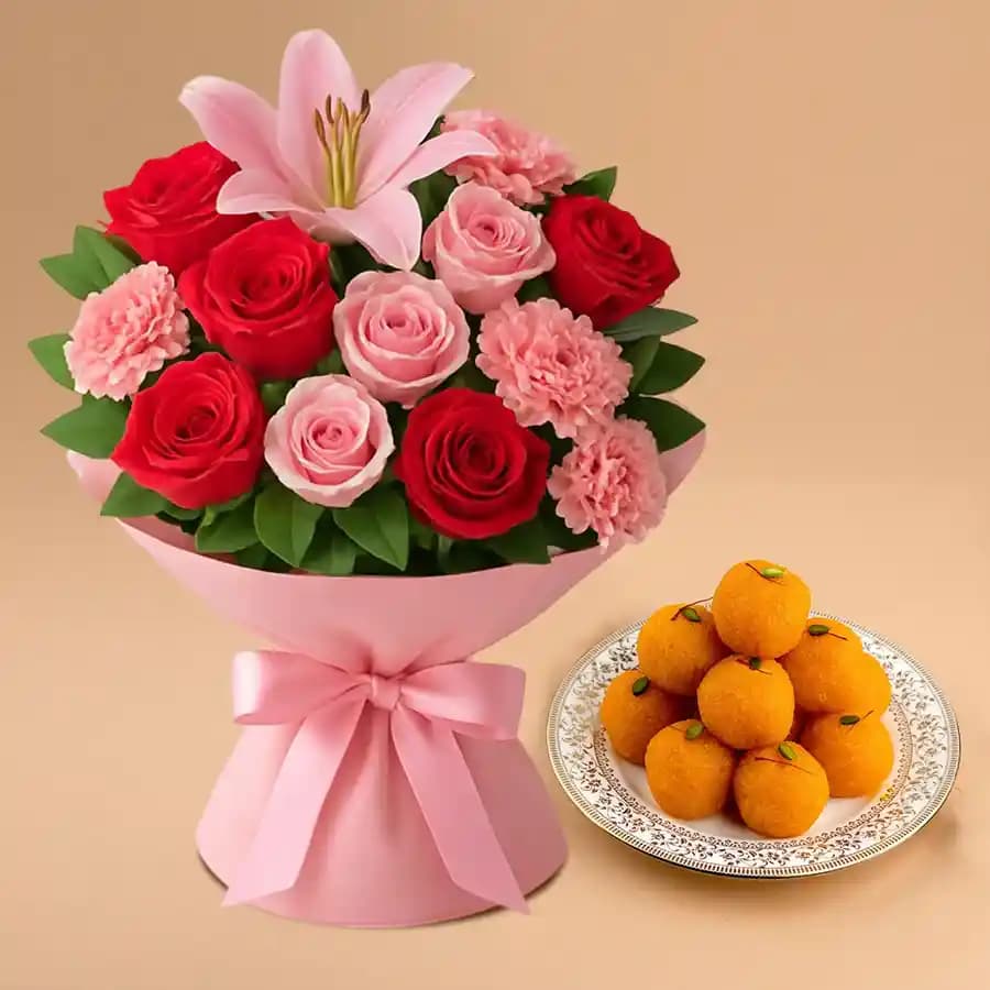 Fresh Mixed Flowers N Laddus Delight