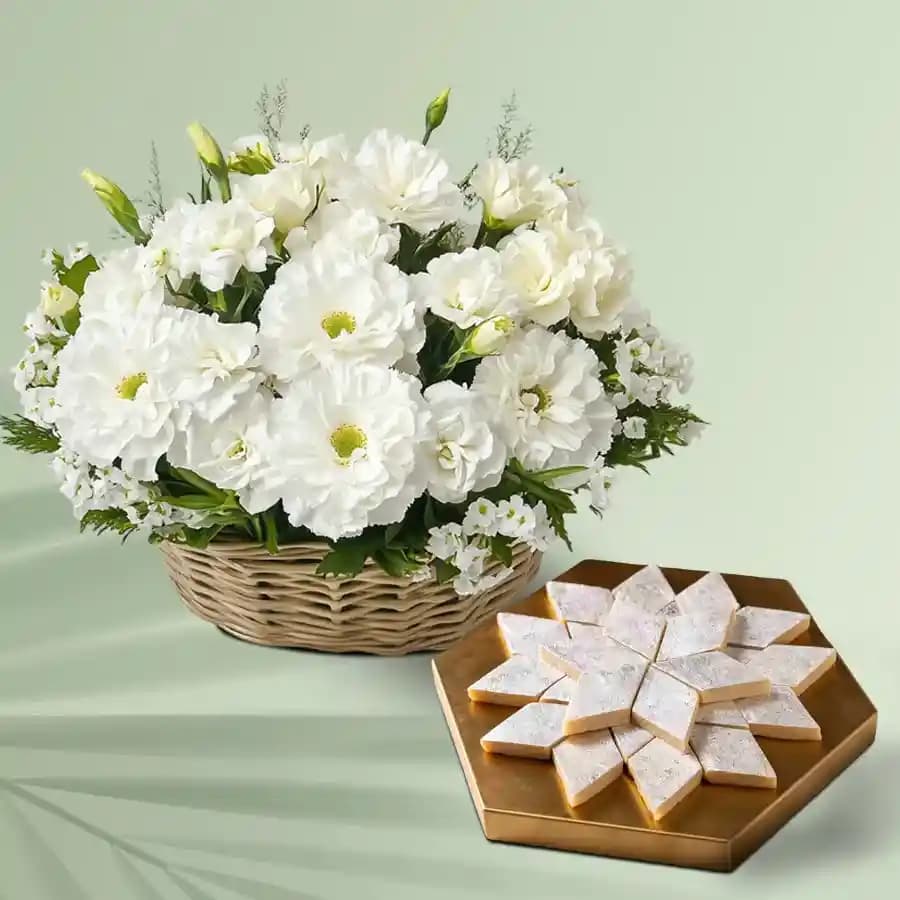 Pure White Floral Elegance N Kaju Barfi Bliss
