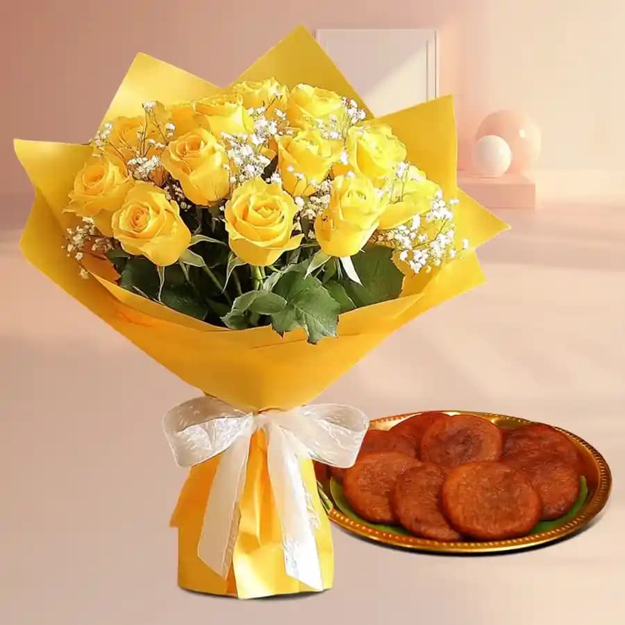 Yellow Roses N Malai Sandwich Extravagance