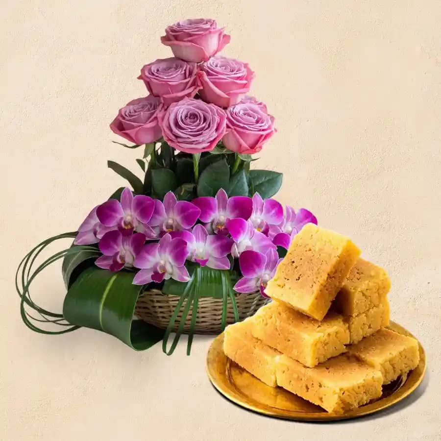 Elegant Flowers N Mysore Pak Indulgence