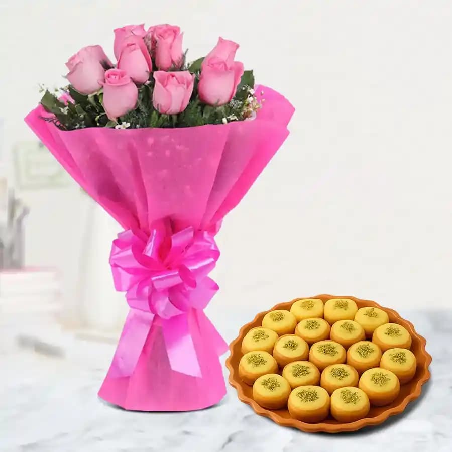 Immunity Sandesh from Balaram Mullick with Pink Rose Bouquet