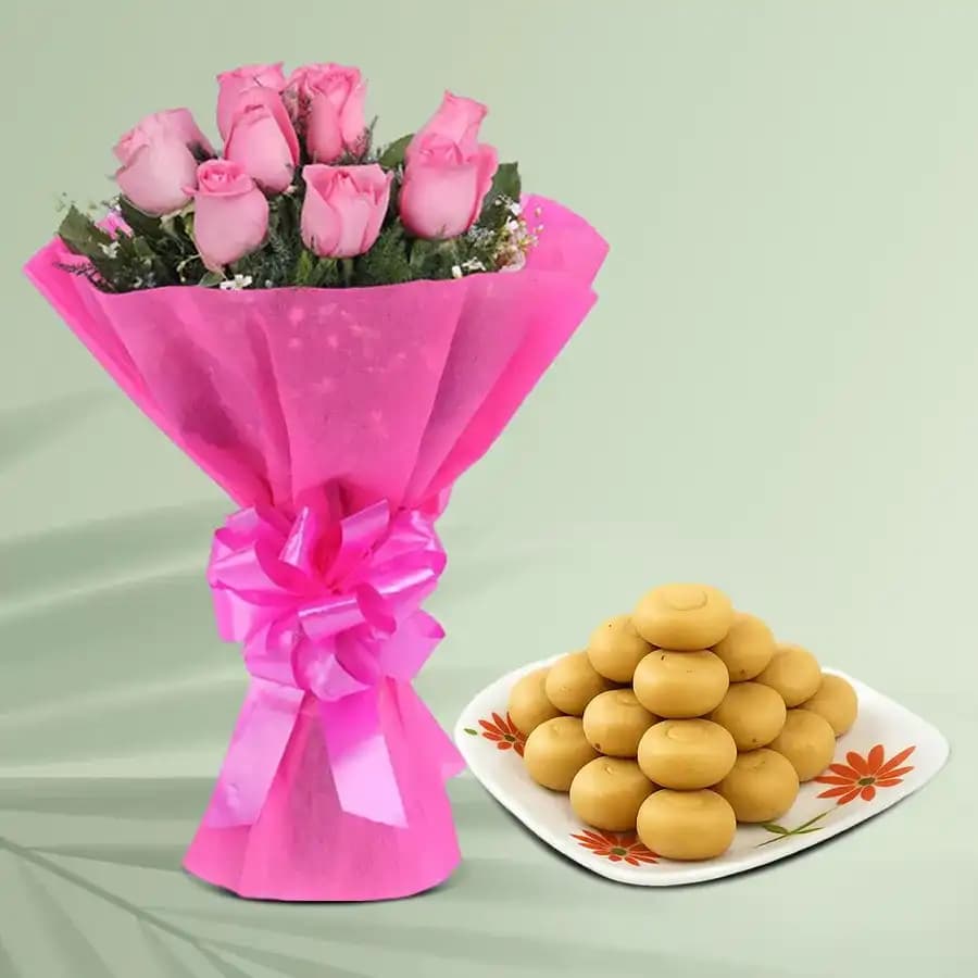 Sakhari Pedha from Chitale Bandhu Mithaiwale with Pink Rose Bouquet