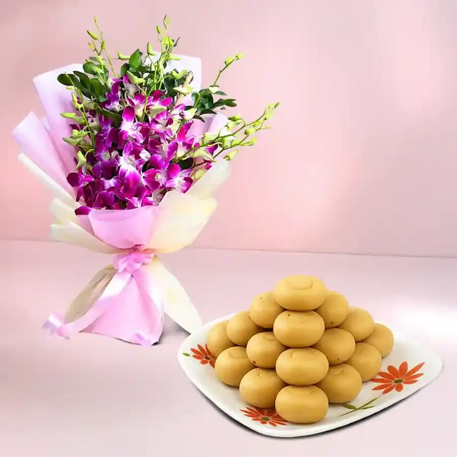 Sakhari Pedha from Chitale Bandhu Mithaiwale with Orchid Bouquet