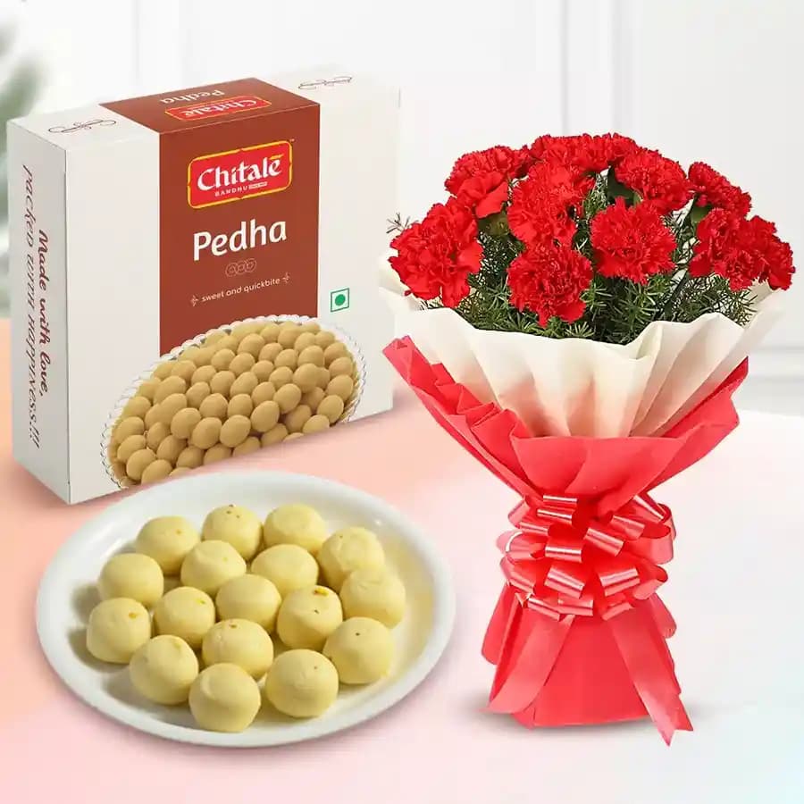 Sakhari Pedha from Chitale Bandhu Mithaiwale with Red Carnation Tissue Wrapped Bouquet