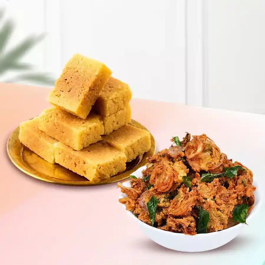 Delightful Mysore Pak N Onion Pakora Combo