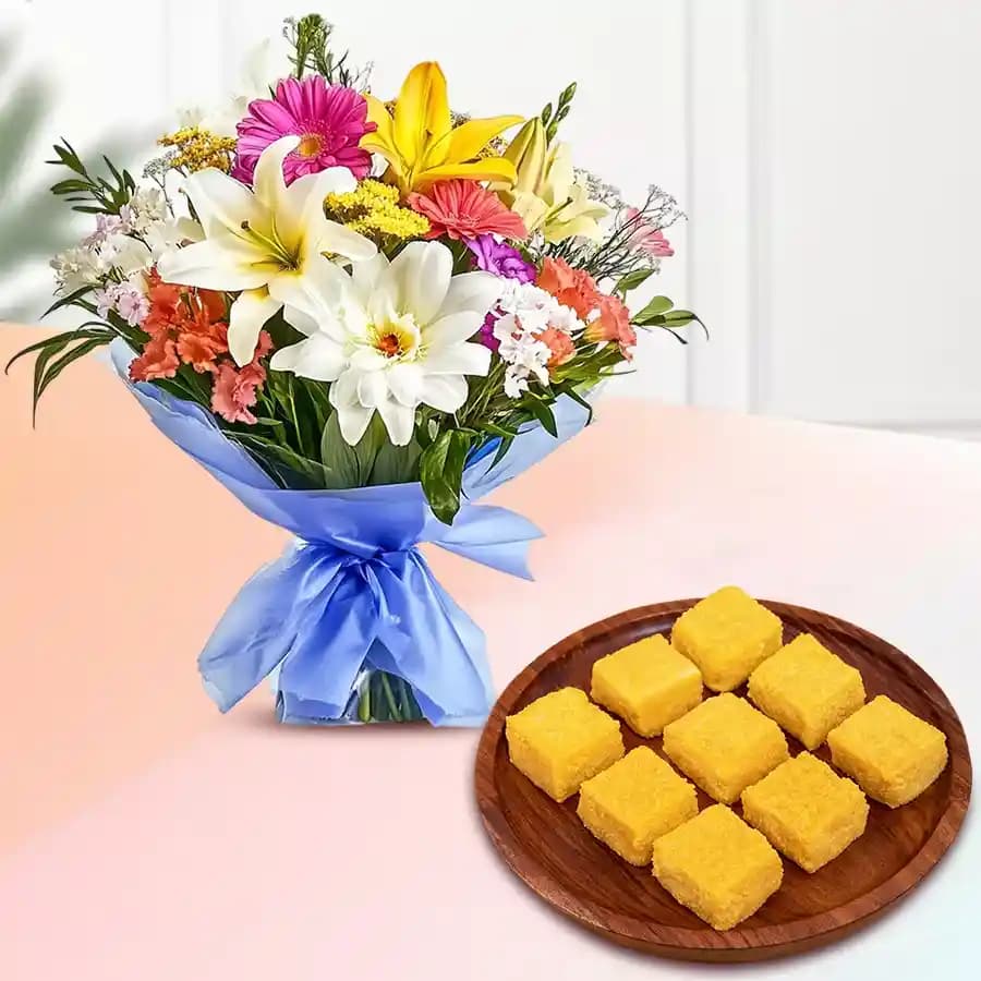 Mango Malai Barfi from Karachi Sweet Mart with Seasonal Flower Bouquet