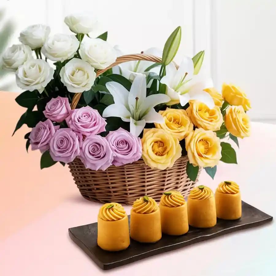 Nolen Gurer Maharani Sandesh from Ganguram with Mixed Flower Arrangement