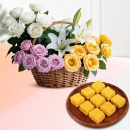 Mango Malai Barfi from Karachi Sweet Mart with a Mixed Flower Arrangement 1