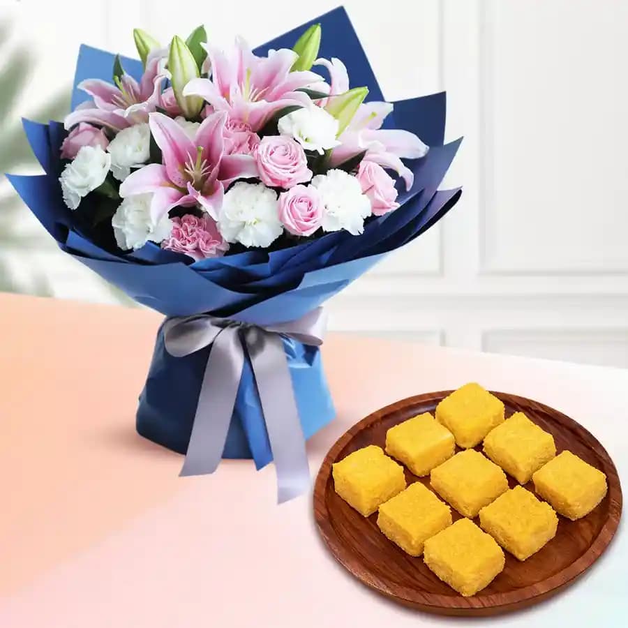 Mango Malai Barfi from Karachi Sweet Mart with a Mixed Flowers Bouquet