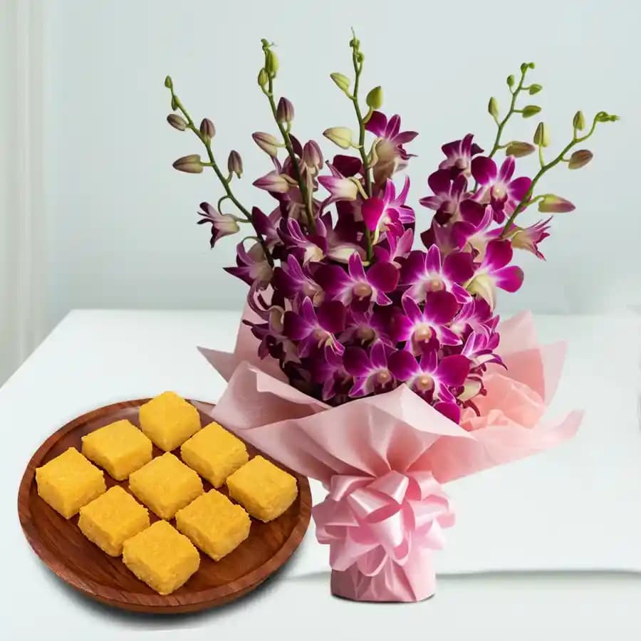 Mango Malai Barfi from Karachi Sweet Mart with Orchid Bouquet