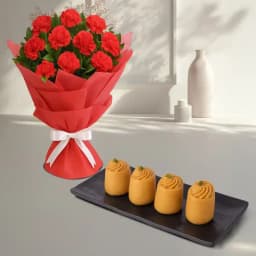 Nolen Gurer Maharani Sandesh from Ganguram with Red Carnation Bouquet 1