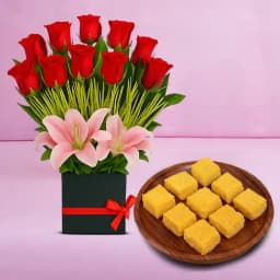 Mango Malai Barfi from Karachi Sweet Mart with a Designer Flower Arrangement 1