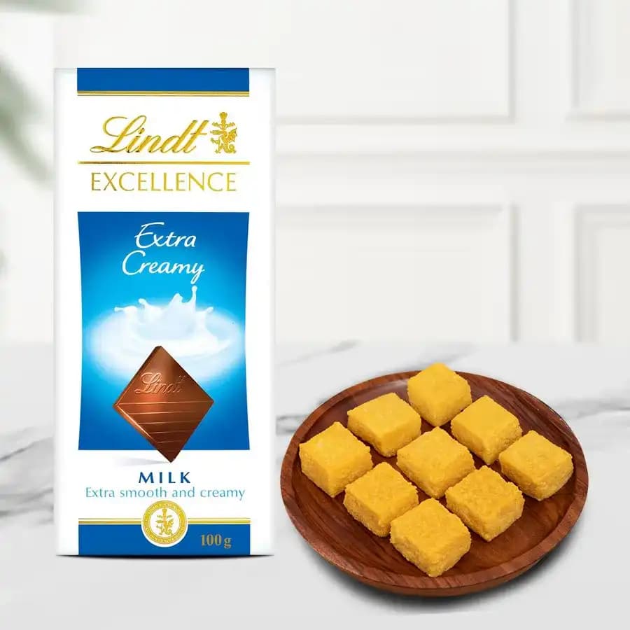 Mango Malai Barfi from Karachi Sweet Mart with Lindt Excellence Chocolate Bar