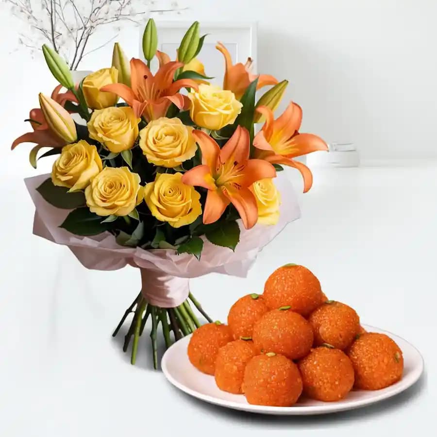 Stunning Flowers Bouquet N Laddu Bliss