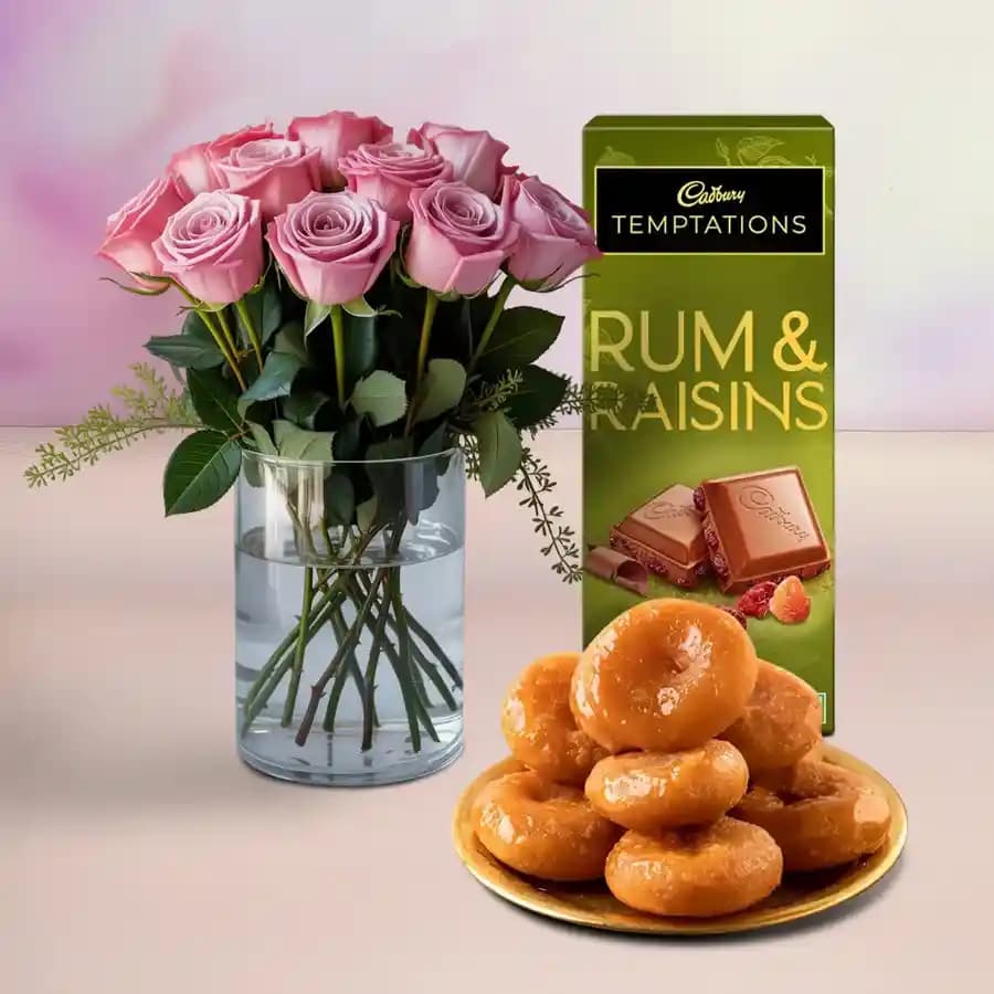 Pink Roses N Sweet Treat Delight