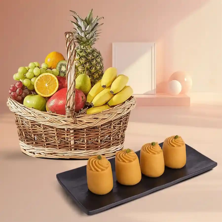 Nolen Gurer Maharani Sandesh from Ganguram with Fresh Fruit Basket