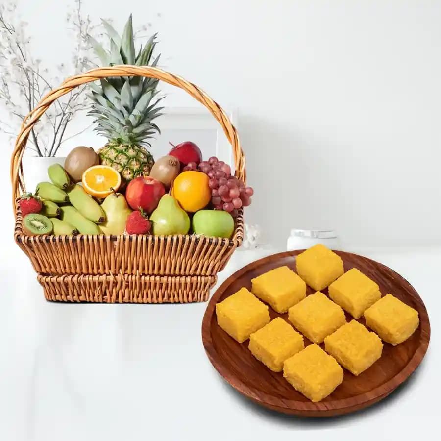 Mango Malai Barfi from Karachi Sweet Mart with Fresh Fruit Basket