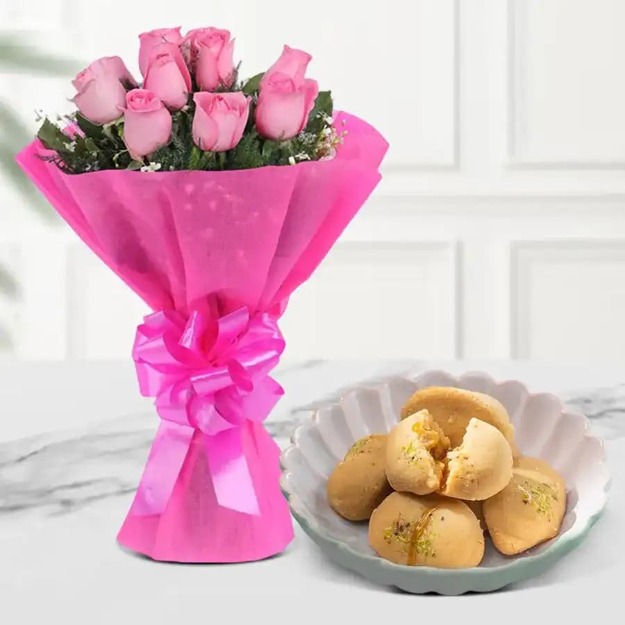 Nolen Gurer Jalbhara Sandesh from Ganguram with Pink Rose Bouquet