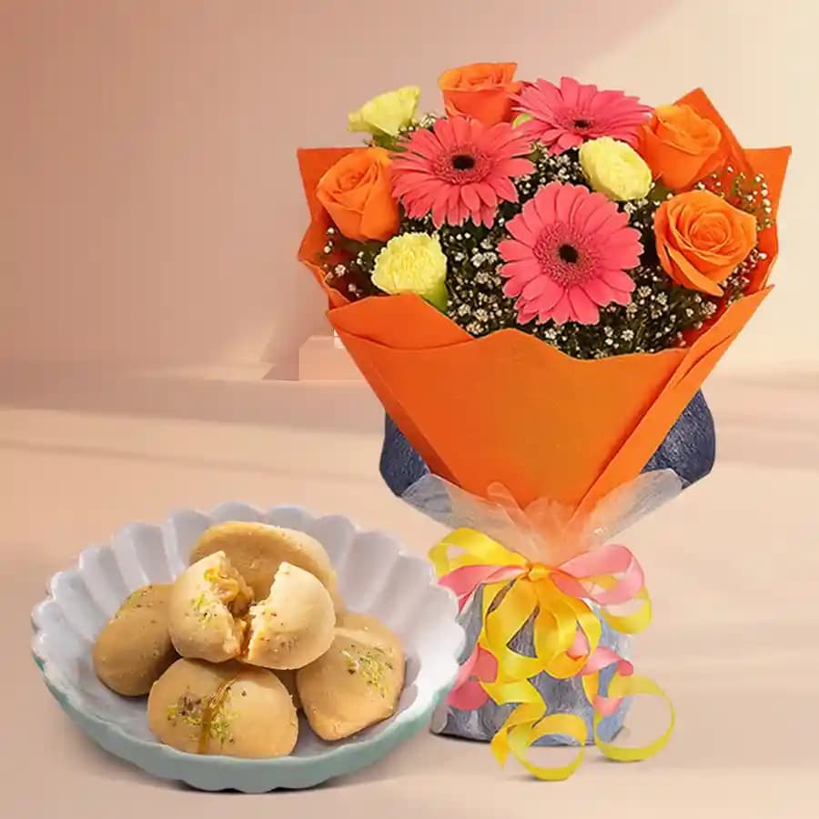 Nolen Gurer Jalbhara Sandesh from Ganguram with Seasonal Flower Bouquet