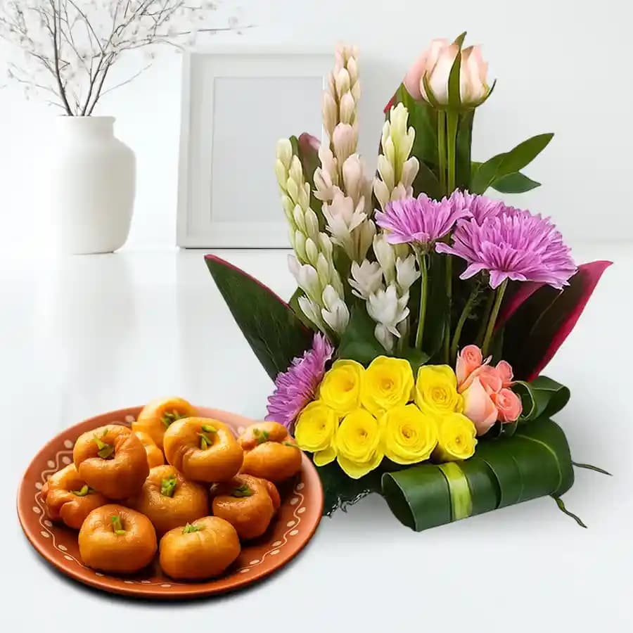 Balushahi from Karachi Sweet Mart with a Mixed Flower Arrangement
