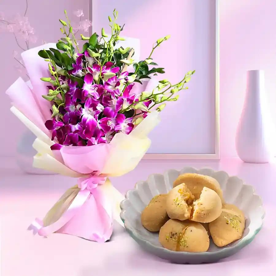 Nolen Gurer Jalbhara Sandesh from Ganguram with Orchid Bouquet
