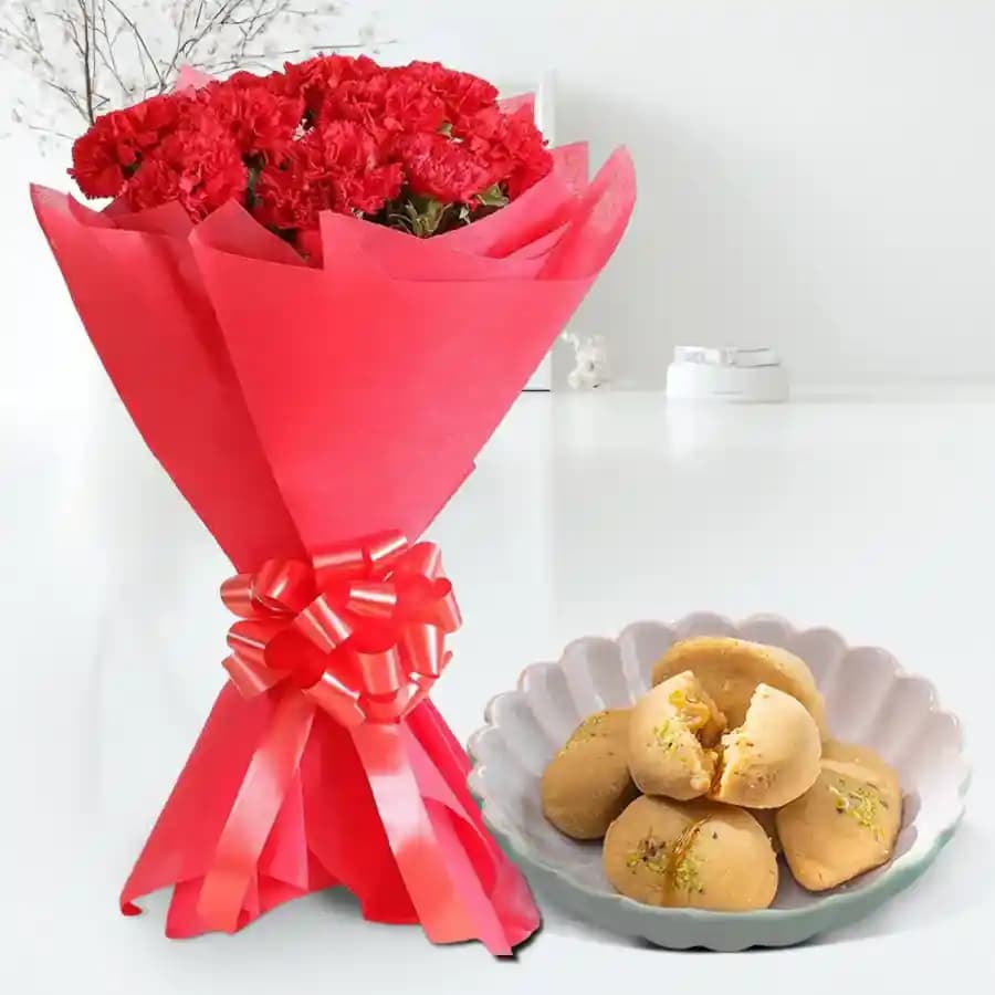 Nolen Gurer Jalbhara Sandesh from Ganguram with Red Carnation Bouquet