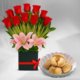 Nolen Gurer Jalbhara Sandesh from Ganguram with Designer Flower Arrangement 1