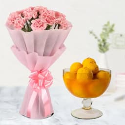 Pink Carnations N Raj Bhog Combo 1