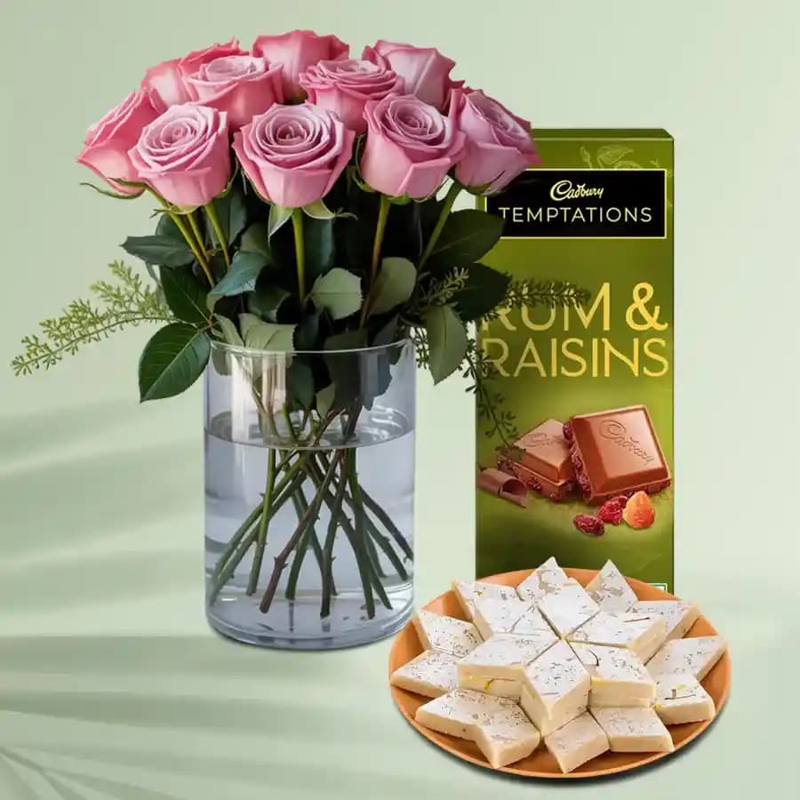 Lovely Pink Roses N Indulgent Treats