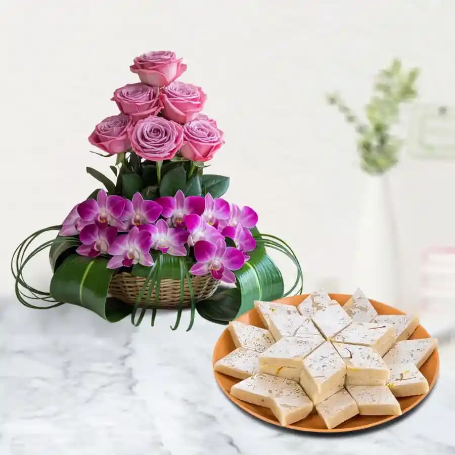 Elegant Flowers N Kaju Katli Indulgence