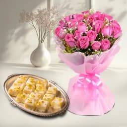 Malai Barfi from Karachi Sweet Mart with Pink Rose Bouquet 1