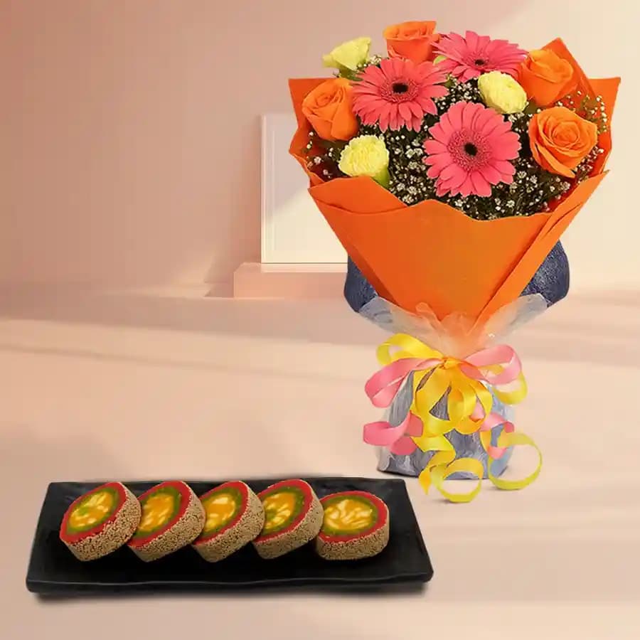 Baked Badam Jalebi from Ganguram with Seasonal Flower Bouquet