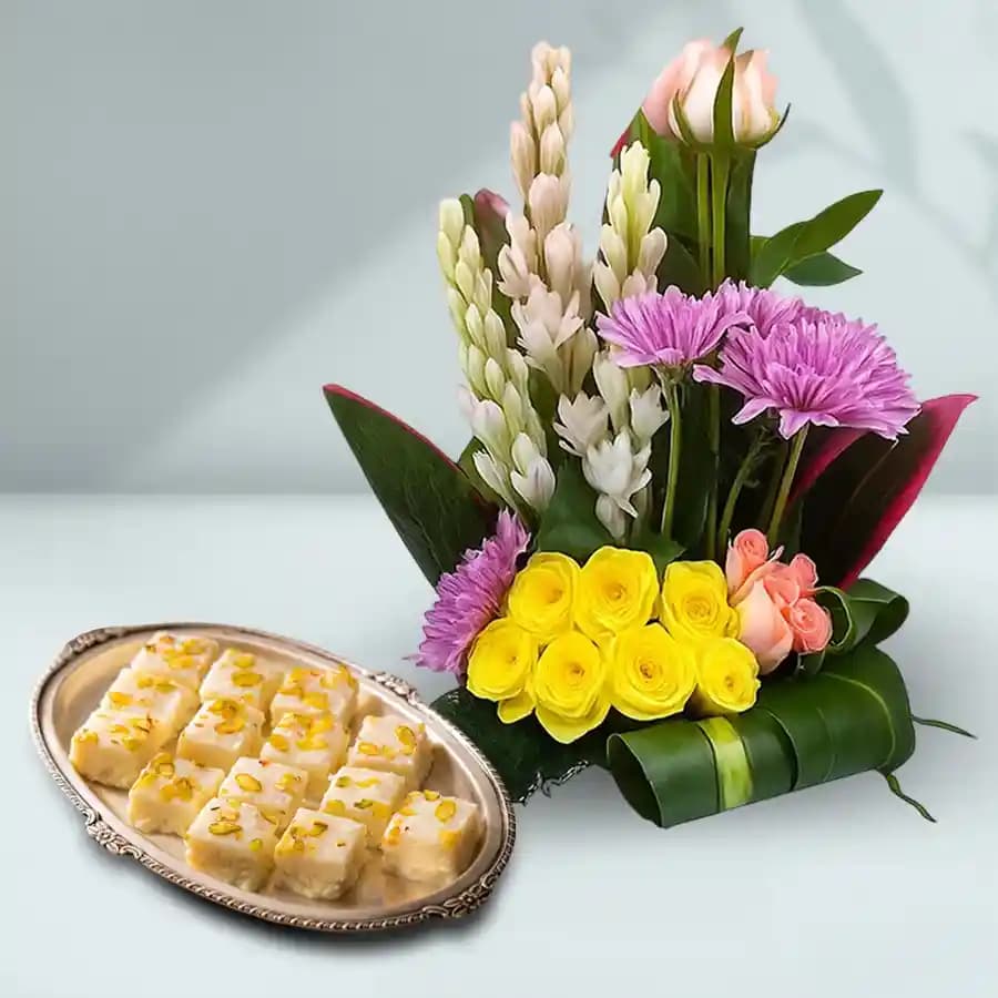 Malai Barfi from Karachi Sweet Mart with a Mixed Flower Arrangement
