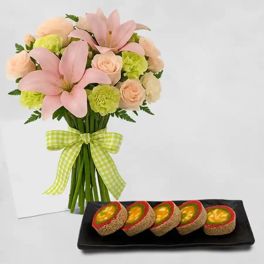 Baked Badam Jalebi from Ganguram with a Mixed Flowers Bouquet