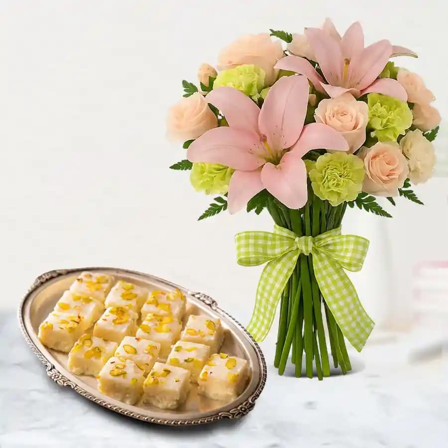 Malai Barfi from Karachi Sweet Mart with a Mixed Flowers Bouquet