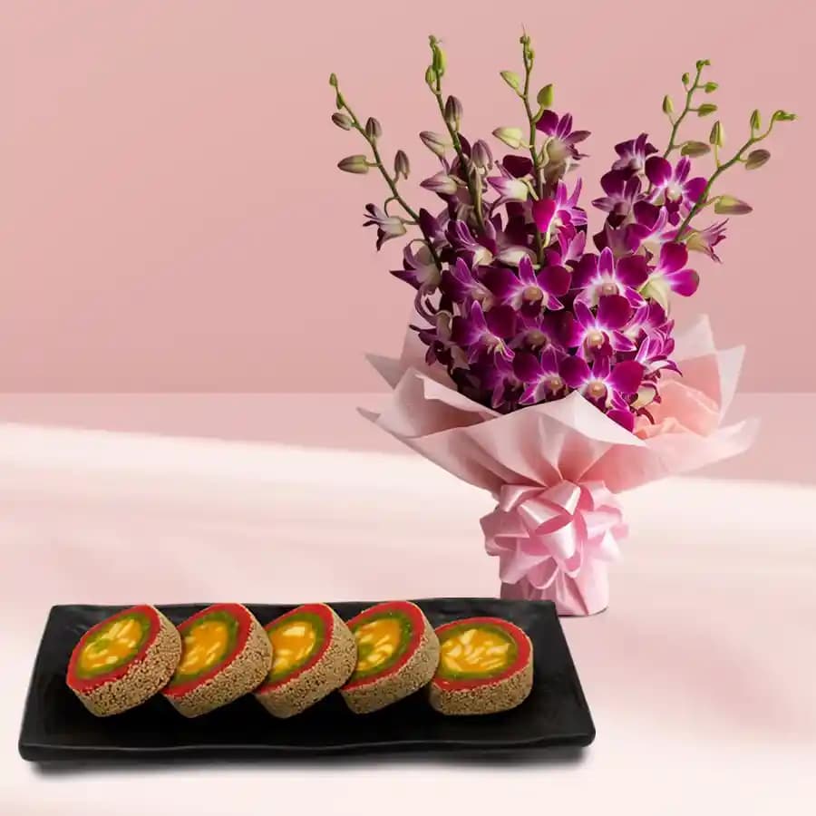 Baked Badam Jalebi from Ganguram with Orchid Bouquet