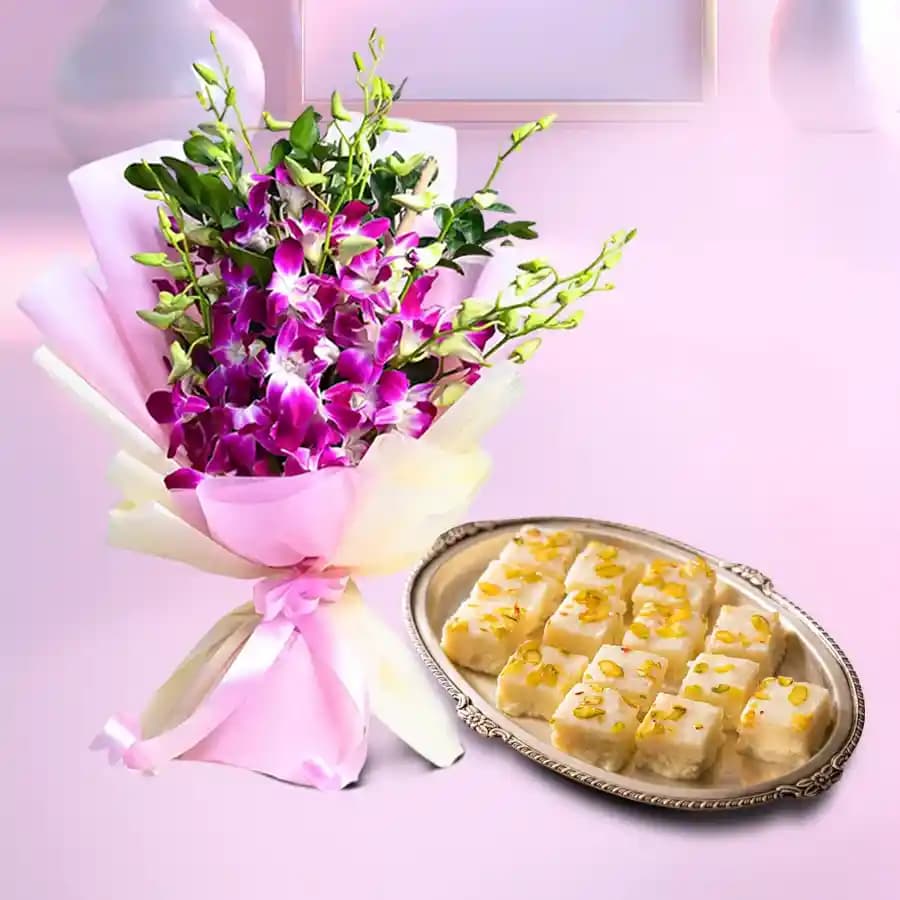 Malai Barfi from Karachi Sweet Mart with Orchid Bouquet