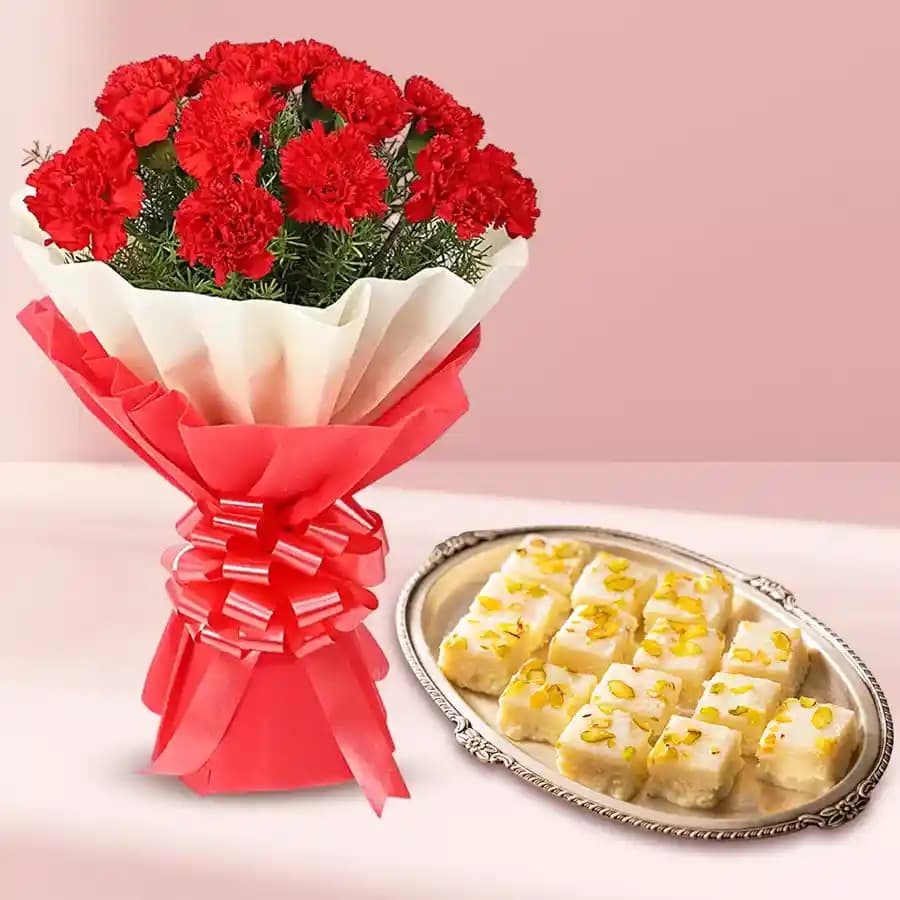 Malai Barfi from Karachi Sweet Mart with Red Carnation Tissue Wrapped Bouquet