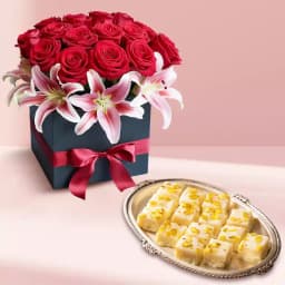 Malai Barfi from Karachi Sweet Mart with a Designer Flower Arrangement 1
