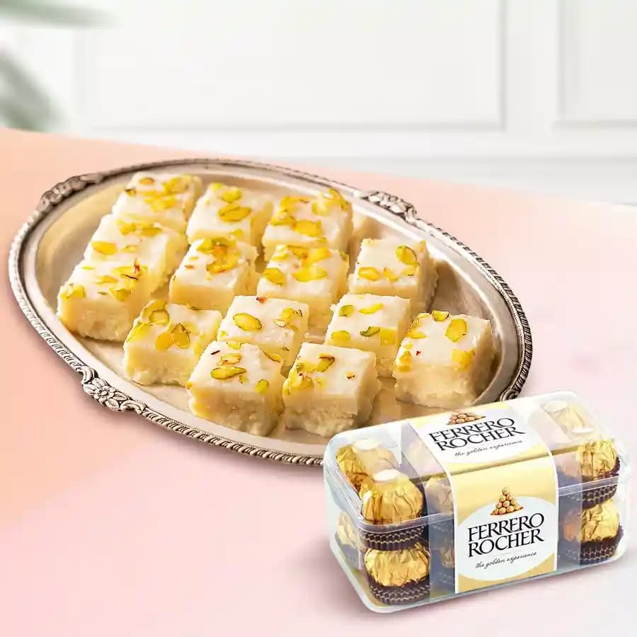 Malai Barfi from Karachi Sweet Mart with Ferrero Rocher