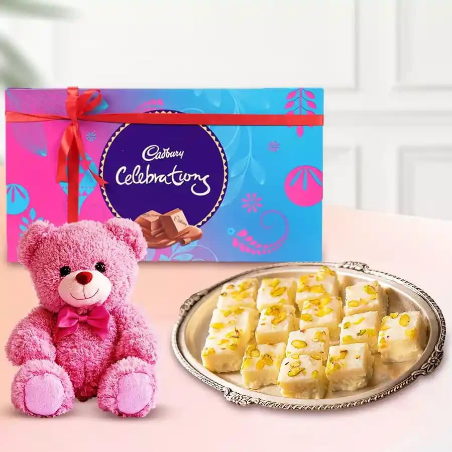 Malai Barfi from Karachi Sweet Mart with Teddy N Cadbury Celebration Chocolate Pack